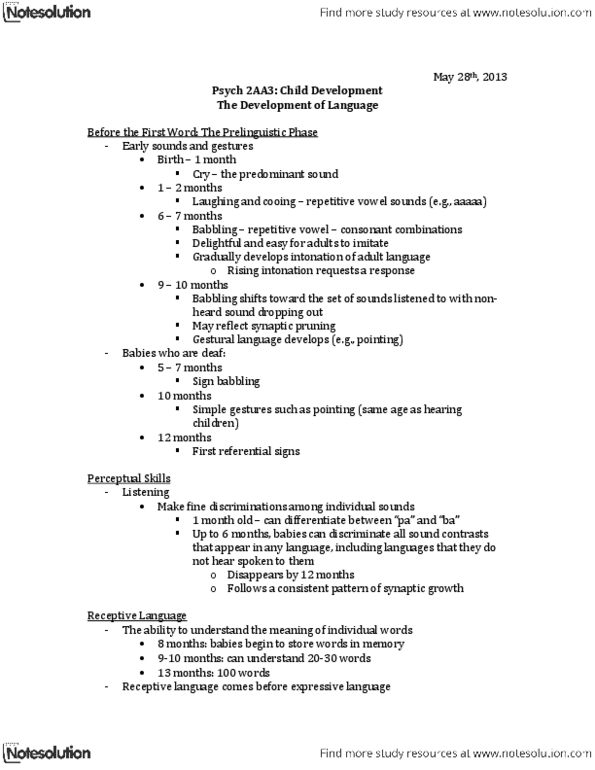 PSYCH 2AA3 Lecture Notes - Synaptic Pruning, Language Processing In The Brain, 18 Months thumbnail