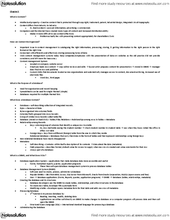 CRIM 101 Chapter Notes - Chapter 5: Content Management, Relational Database, Management System thumbnail