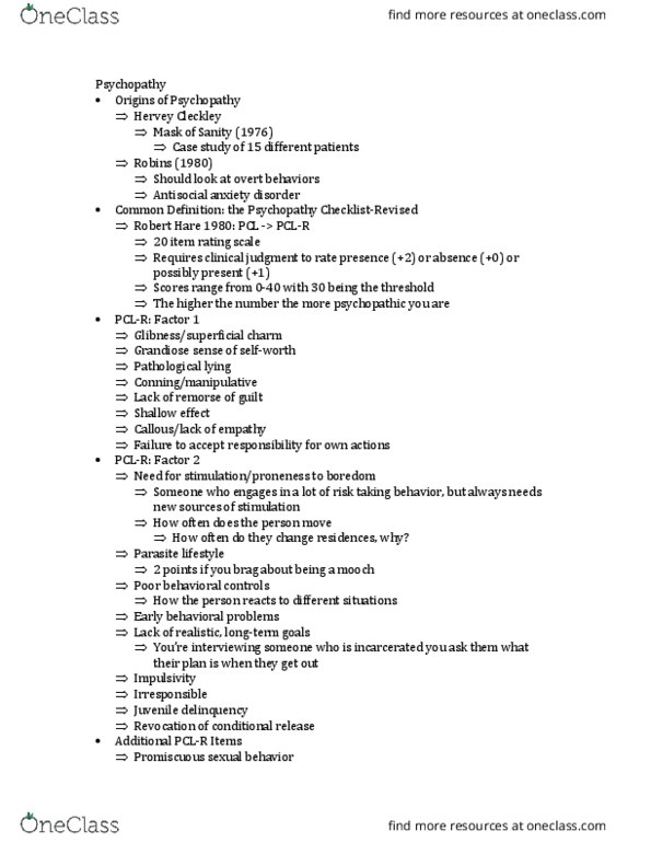 CRM/LAW C160 Lecture Notes - Lecture 4: Amatol, Hervey M. Cleckley, Psychopathic Personality Inventory thumbnail