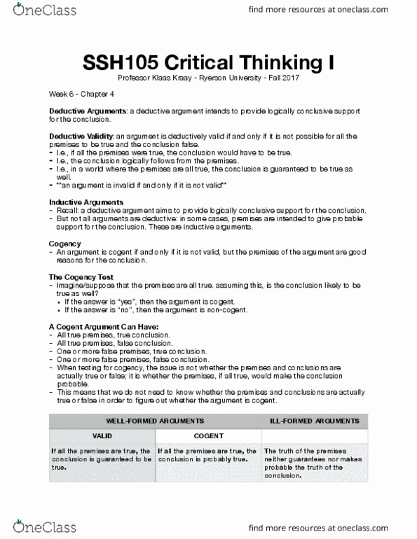 SSH 105 Lecture Notes - Lecture 6: Logical Reasoning, Deductive Reasoning, Ryerson University thumbnail