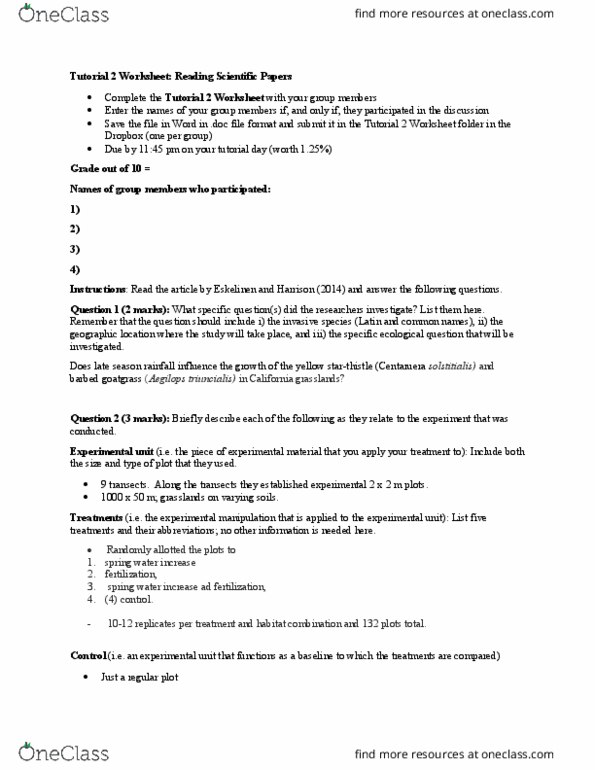 BIOL 2060 Lecture Notes - Lecture 1: Centaurea Solstitialis, Statistical Unit, Aegilops thumbnail