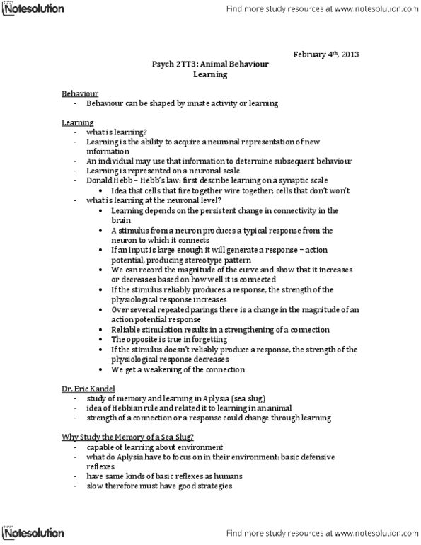 PSYCH 2TT3 Lecture Notes - Aplysia, Withdrawal Reflex, Drug Tolerance thumbnail