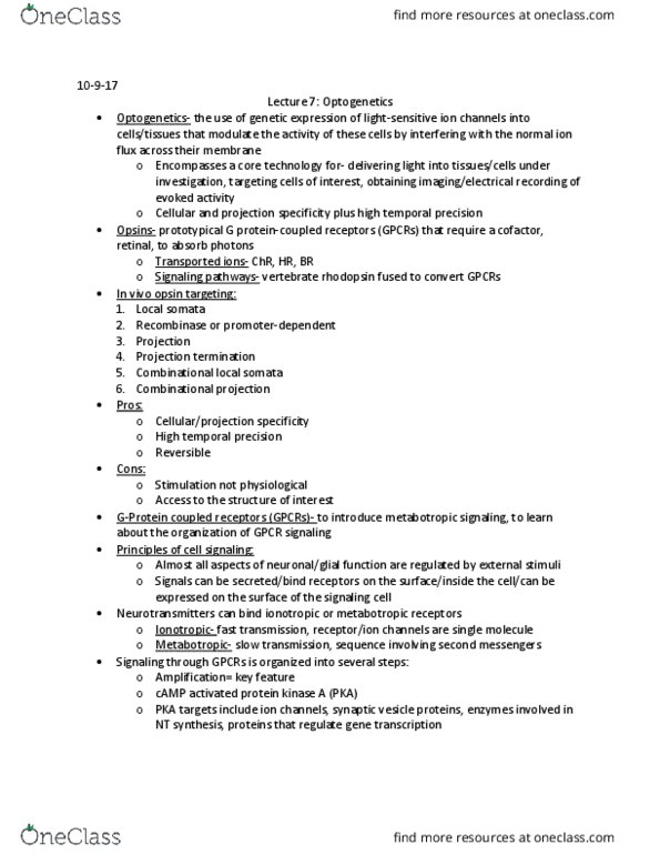 PSY 3061 Lecture Notes - Lecture 7: Synaptic Vesicle, Cyclic Adenosine Monophosphate, Optogenetics thumbnail