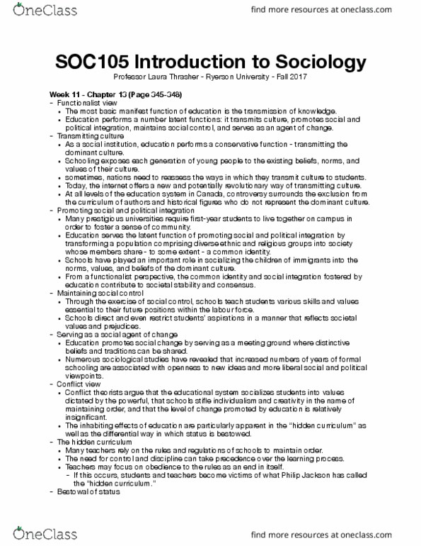 SOC 105 Chapter Notes - Chapter 13: The Hidden Curriculum, Hidden Curriculum, Manifest And Latent Functions And Dysfunctions thumbnail