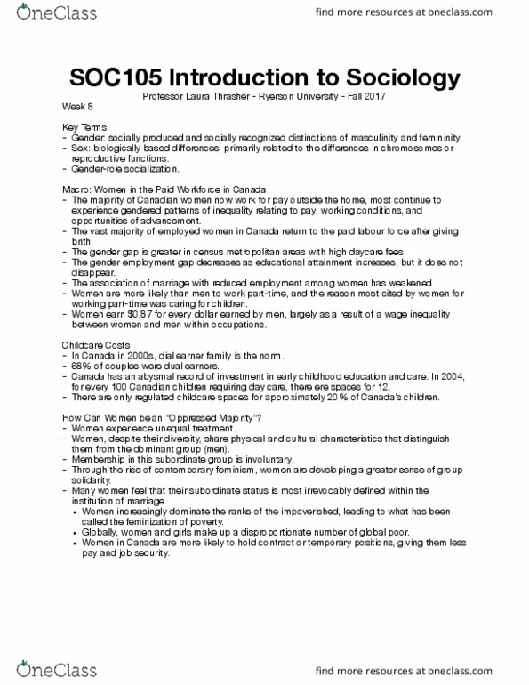SOC 105 Lecture Notes - Lecture 8: Ryerson University thumbnail
