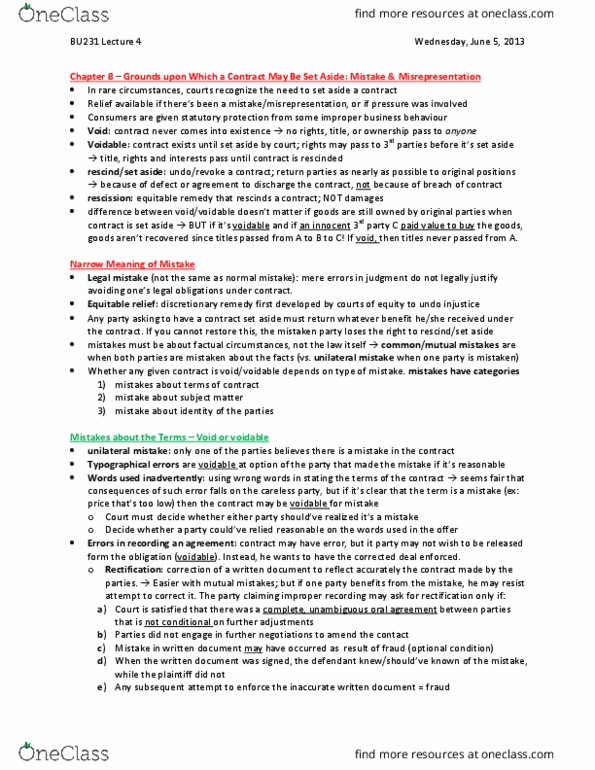 BU231 Chapter Notes - Chapter 8: Undue Influence, Non Est Factum, Caveat Emptor thumbnail