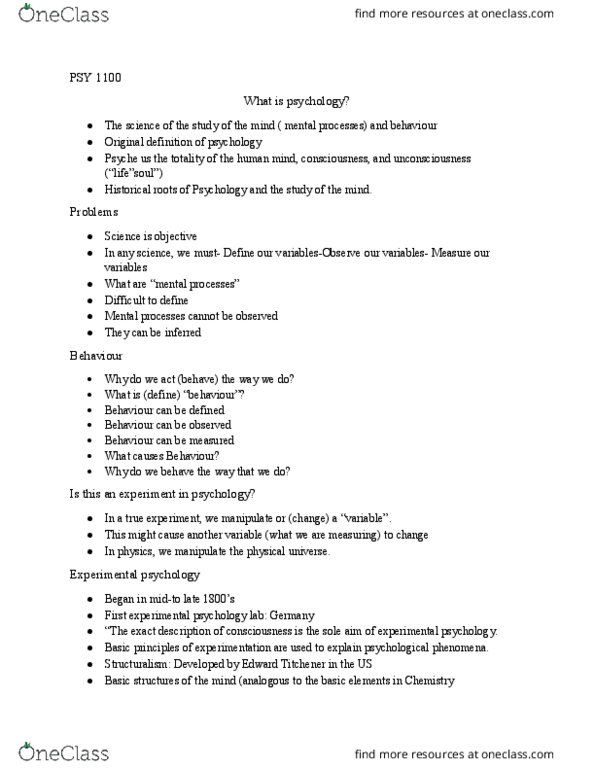 PSY 1101 Lecture Notes - Lecture 3: Pragmatism, Applied Psychology, Edward B. Titchener thumbnail