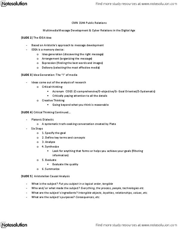 CMN 3144 Lecture Notes - Critical Thinking, Acronym, Digital Divide thumbnail