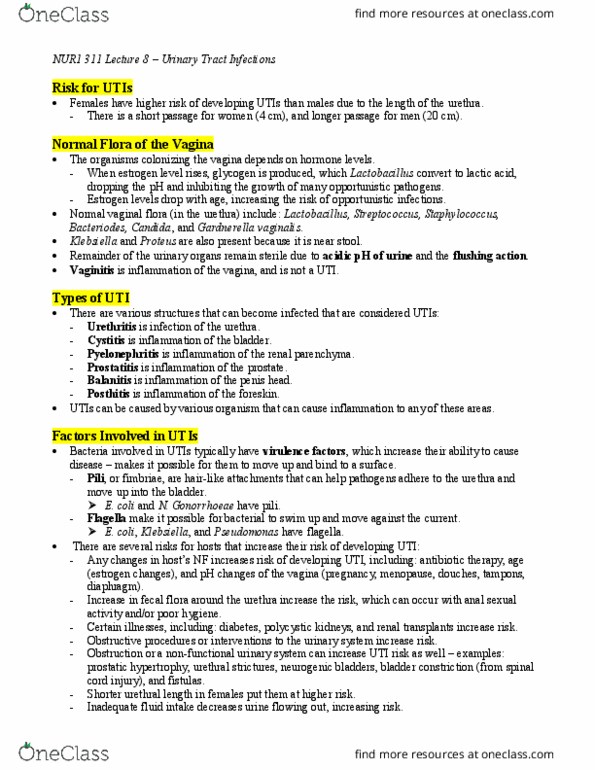 NUR1 311 Lecture Notes - Lecture 8: Sequela, Symptom, Enterococcus thumbnail