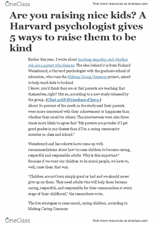 PSYB10H3 Lecture 86: A Harvard psychologist gives 5 ways to raise them to be kind thumbnail