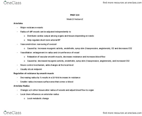 PHGY 214 Lecture Notes - Lecture 32: Autoregulation, Shear Stress, Angiotensin thumbnail