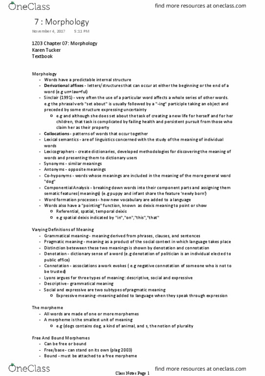 LINGUIST 1Z03 Chapter Notes - Chapter 7: Deixis, Phrasal Verb, Bound And Unbound Morphemes thumbnail