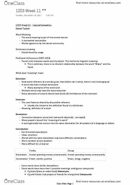 LINGUIST 1Z03 Lecture Notes - Lecture 11: Gingham, Hyponymy And Hypernymy, Comparative Linguistics thumbnail