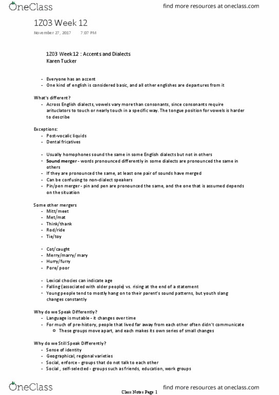 LINGUIST 1Z03 Lecture Notes - Lecture 12: Inflection, Epenthesis, Canadian English thumbnail