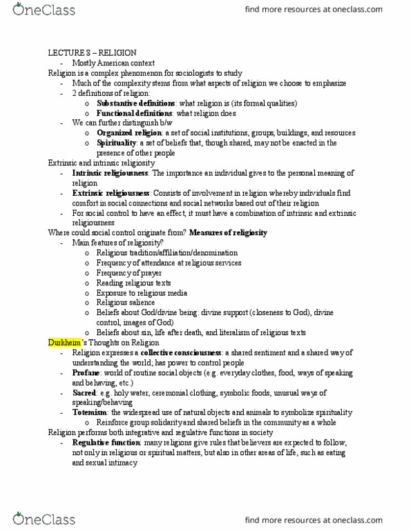 SOC313H1 Lecture Notes - Lecture 8: Fundamentalism, Embeddedness, Homophily thumbnail