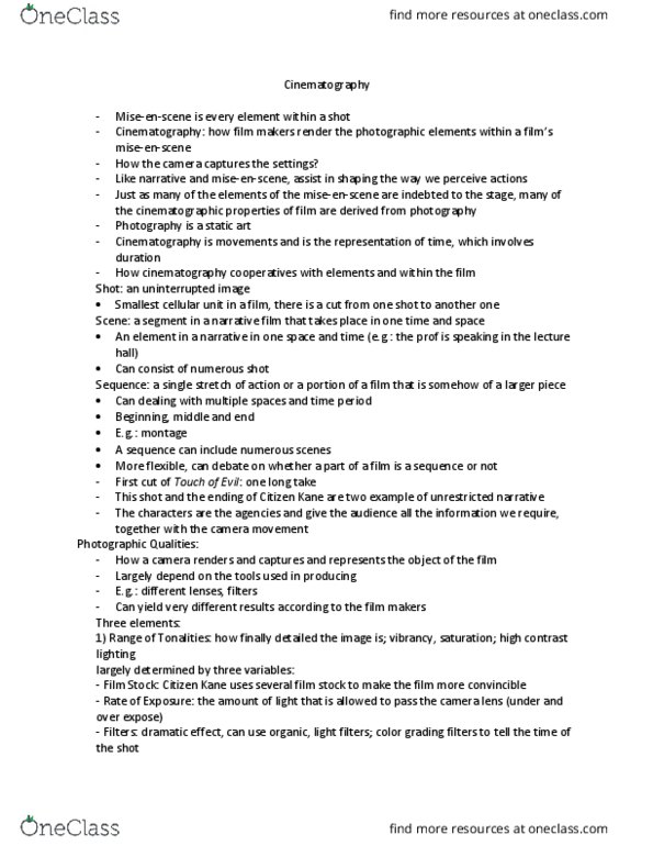 CIN105Y1 Lecture Notes - Lecture 4: Citizen Kane, Telephoto Lens, Film Stock thumbnail