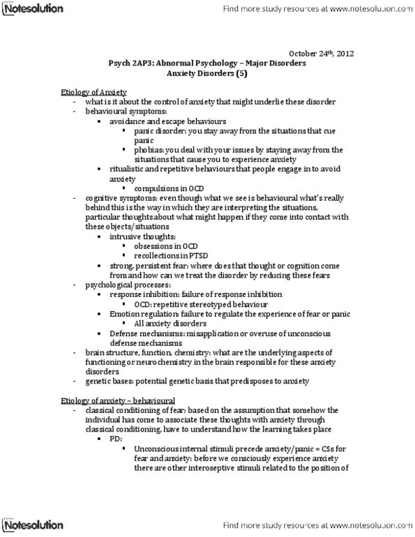 PSYCH 2AP3 Lecture Notes - Anxiety Disorder, Panic Disorder, Attentional Bias thumbnail