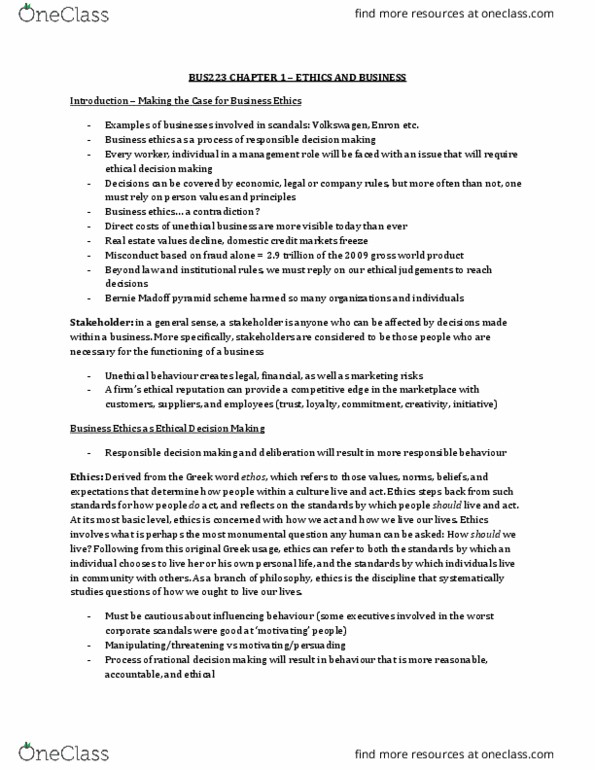 BUS 223 Chapter Notes - Chapter 1: Whistleblower, Macroethics, Practical Reason thumbnail