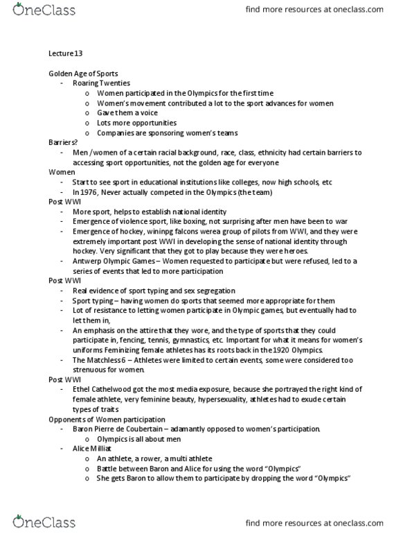 PERLS204 Lecture Notes - Lecture 13: 1928 Summer Olympics, Alice Milliat, Roaring Twenties thumbnail