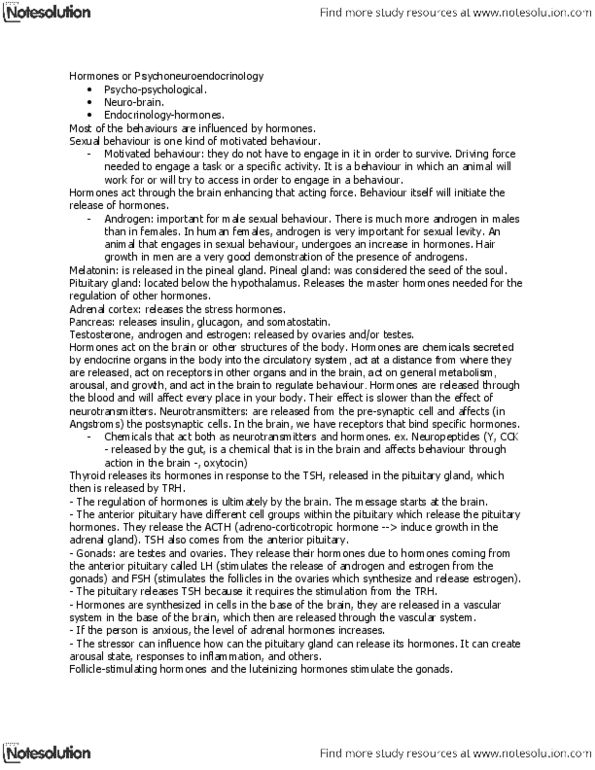 PSY290H5 Lecture Notes - Lecture 6: Adrenal Gland, Adrenal Medulla, Anterior Pituitary thumbnail