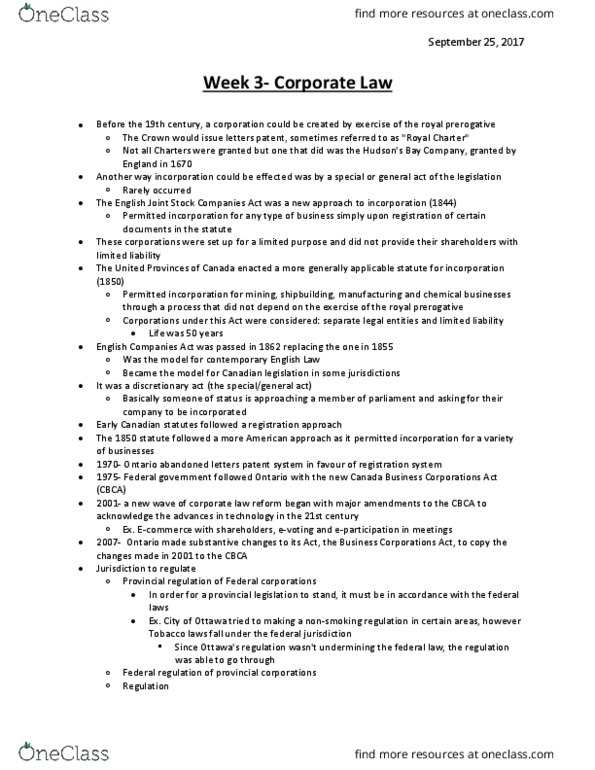 LAWS 3201 Lecture Notes - Lecture 3: Canada Business Corporations Act, Corporate Law thumbnail