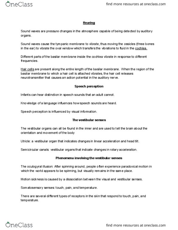 PSYCH 101 Lecture Notes - Lecture 8: Olfactory Mucosa, Congenital Insensitivity To Pain, Basilar Membrane thumbnail