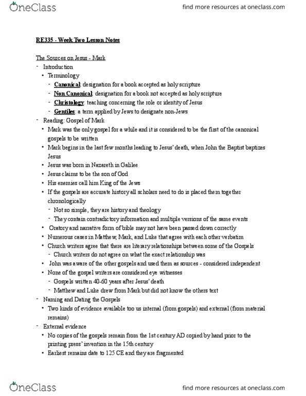 RE335 Lecture Notes - Lecture 2: Pharisees, Gospel thumbnail