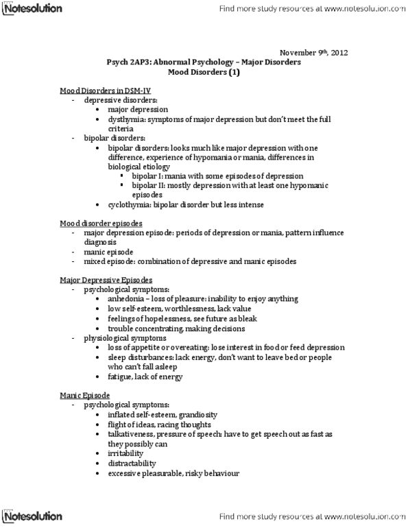 PSYCH 2AP3 Lecture Notes - Mood Disorder, Mixed Affective State, Bipolar Ii Disorder thumbnail
