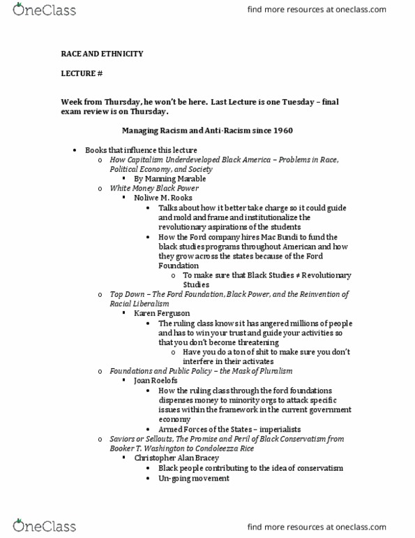 SOCIOL 63 Lecture Notes - Lecture 18: Condoleezza Rice, Manning Marable, Ford Foundation thumbnail