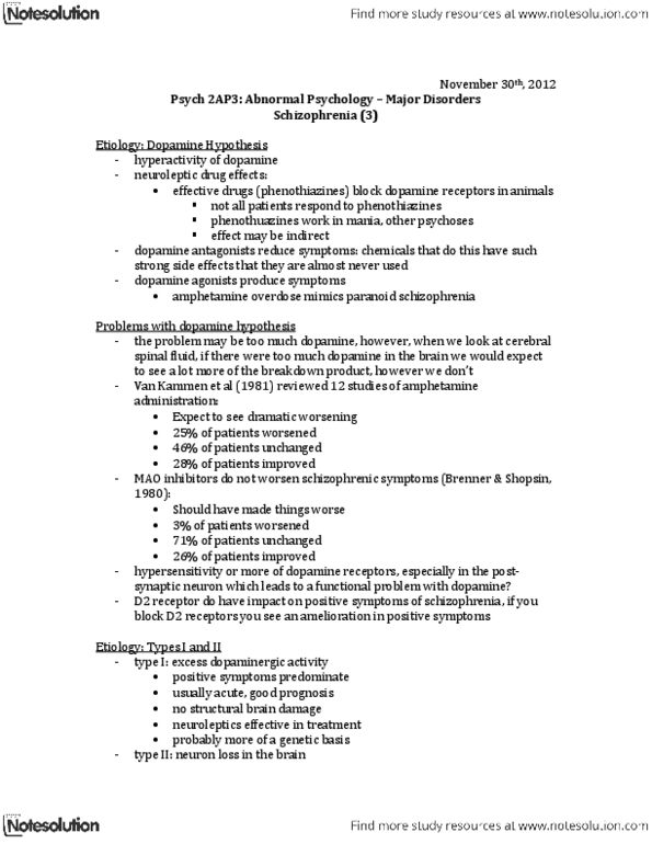 PSYCH 2AP3 Lecture Notes - Cerebrospinal Fluid, Dopamine Hypothesis Of Schizophrenia, Dopamine Receptor D2 thumbnail