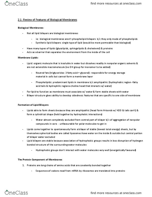 BIOL 200 Chapter Notes - Chapter 2: Carboxylic Acid, Fluorescence Recovery After Photobleaching, Sterol thumbnail