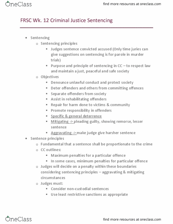 FRSC 1100H Lecture Notes - Lecture 8: Presentence Investigation Report, Conditional Sentence, Endangerment thumbnail
