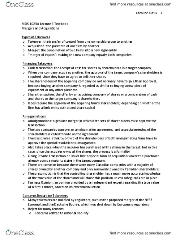 Management and Organizational Studies 1023A/B Chapter Notes - Chapter 8: Fair Market Value, Capital Budgeting, Takeover thumbnail
