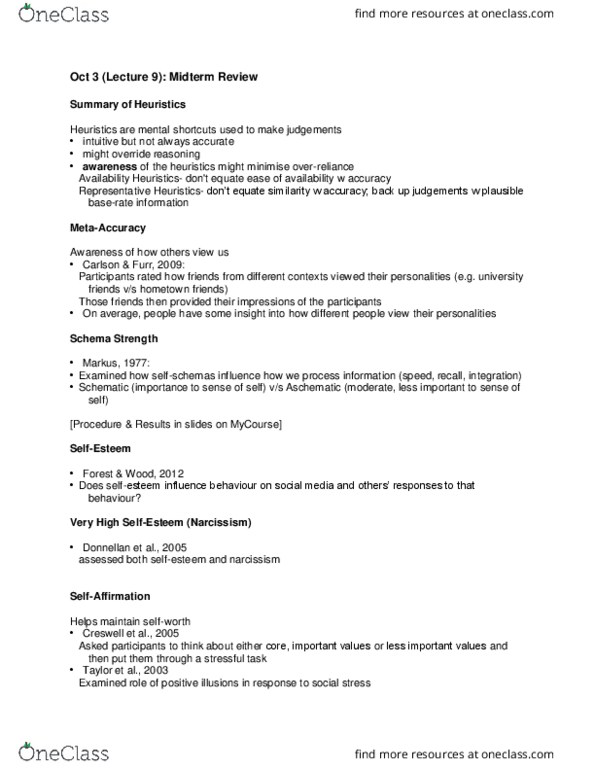 PSYC 215 Lecture Notes - Lecture 9: Narcissism, Positive Illusions thumbnail