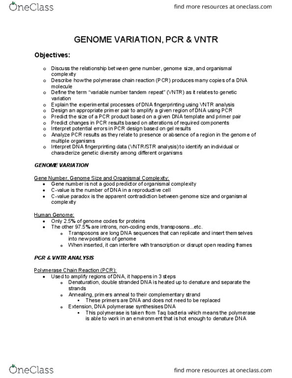 LIFESCI 7B Chapter Notes - Chapter 14: Intron, Dna Profiling, Tandem Repeat thumbnail