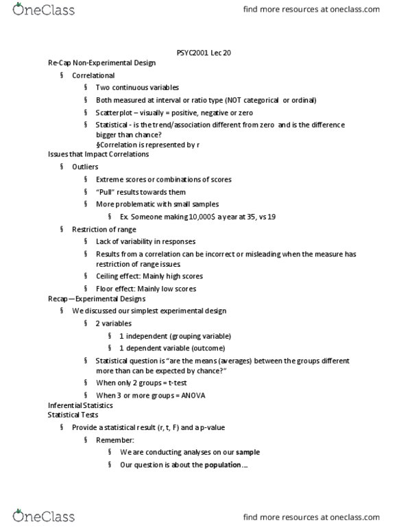 PSYC 2001 Lecture Notes - Lecture 20: Longitudinal Study, Dependent And Independent Variables, Scatter Plot thumbnail