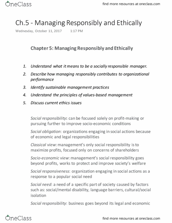 MGMT 1000 Chapter Notes - Chapter 5: Corporate Social Responsibility, Organizational Culture thumbnail