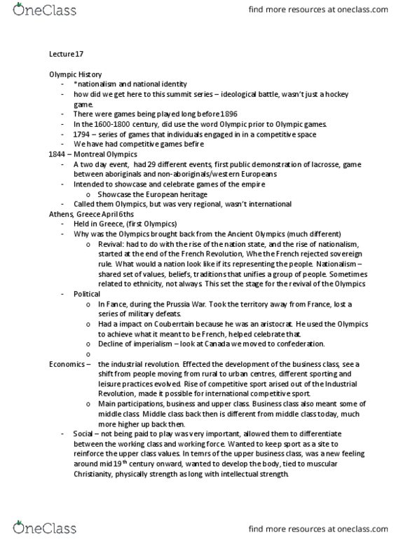 PERLS204 Lecture Notes - Lecture 17: Ancient Olympic Games, Muscular Christianity, 1900 Summer Olympics thumbnail