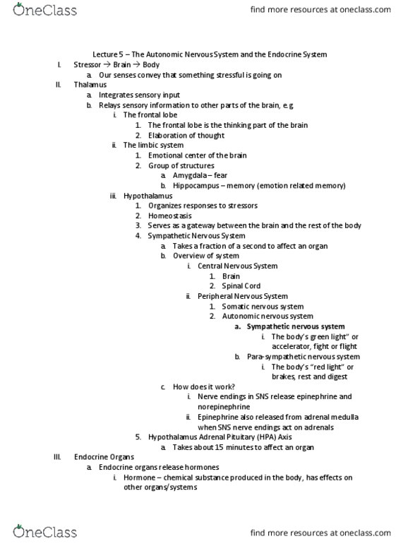 PSY BEH 137H Lecture Notes - Lecture 5: Autonomic Nervous System, Sympathetic Nervous System, Parasympathetic Nervous System thumbnail