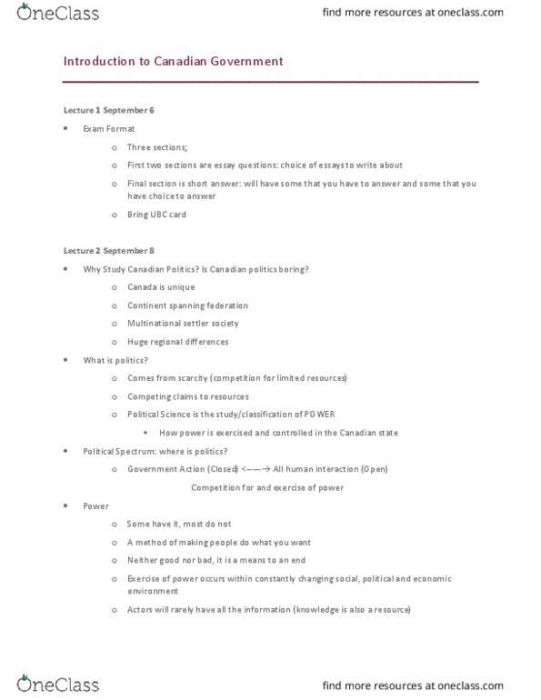 POLI 101 Lecture Notes - Lecture 1: Political Spectrum, Responsible Government, Andrew Scheer thumbnail