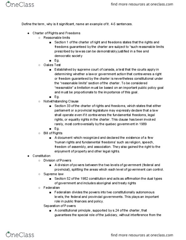 POLI 101 Lecture Notes - Lecture 1: Section 33 Of The Canadian Charter Of Rights And Freedoms, Provincial Rights Party, Constitutionalism thumbnail