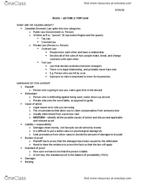 BU231 Lecture Notes - Lecture 2: Subrogation, False Arrest, Strict Liability thumbnail