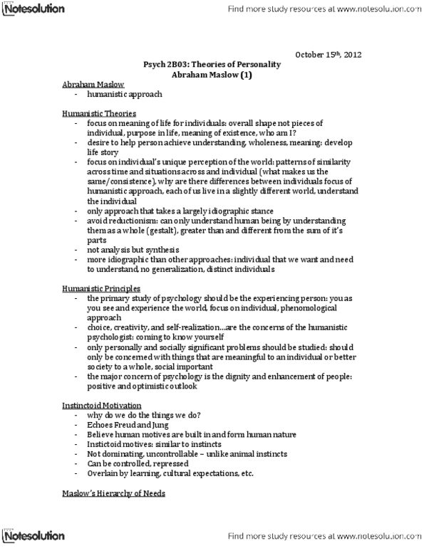 PSYCH 2B03 Lecture Notes - Abraham Maslow, Humanistic Psychology, Reductionism thumbnail