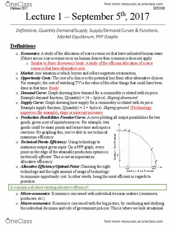 ECO100Y5 Lecture Notes - Lecture 1: Economic Equilibrium thumbnail