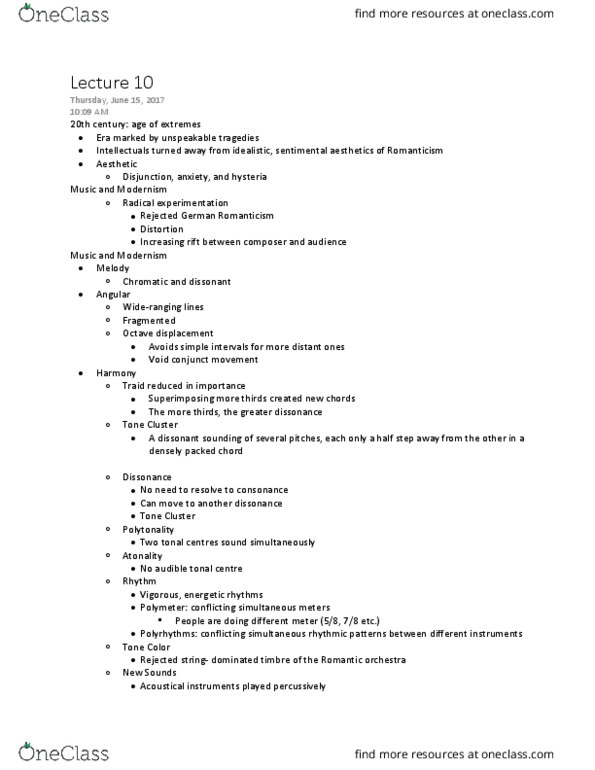 MUS302H1 Lecture Notes - Lecture 10: Polytonality, Personality Disorder, Atonality thumbnail