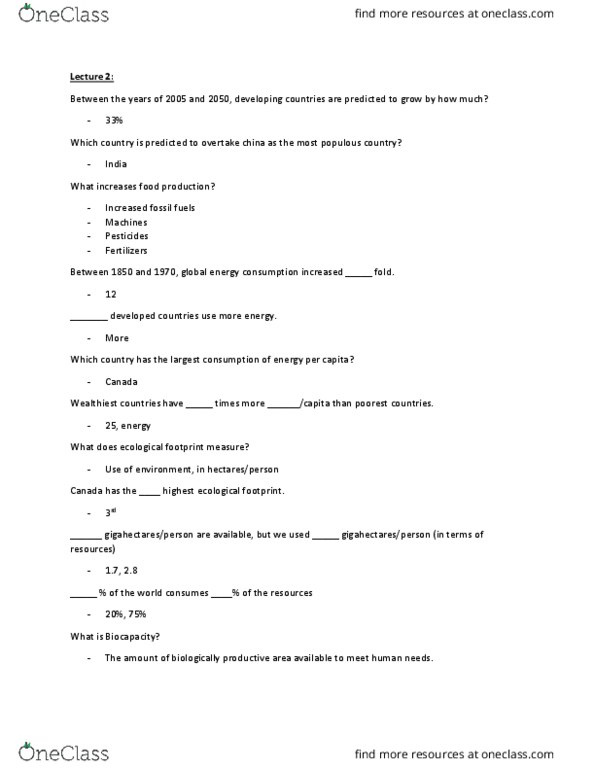 ENVIRSC 2EI3 Lecture Notes - Lecture 6: Ecological Footprint, Biocapacity, Ecological Debt thumbnail