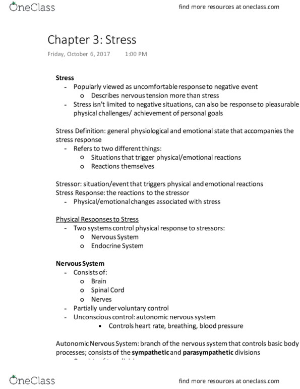 Health Sciences 1001A/B Chapter 3: Chapter 3 Stress Textbook Note thumbnail