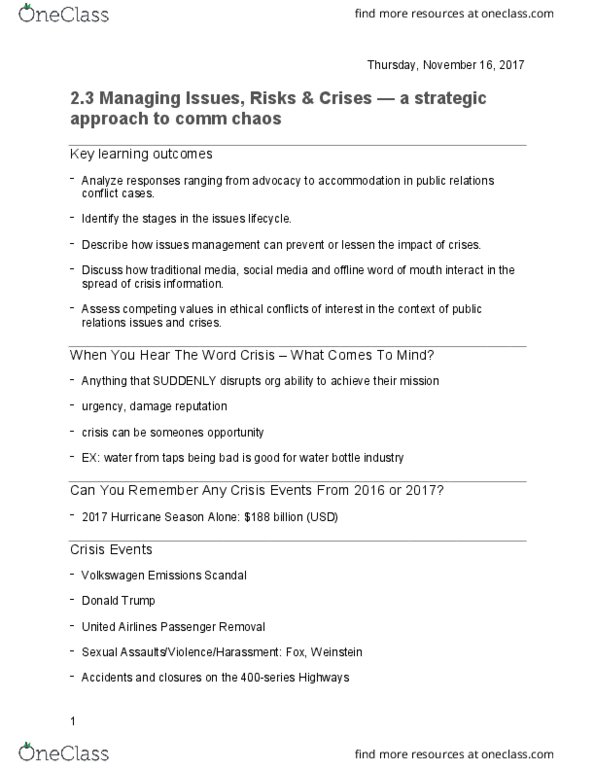 CMST 2PR3 Lecture Notes - Lecture 10: Crisis Management, Crisis Communication, Learning Organization thumbnail