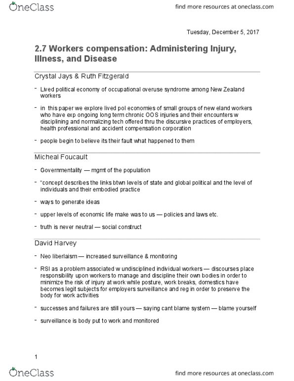 LABRST 3D03 Lecture Notes - Lecture 11: Repetitive Strain Injury, Accident Compensation Corporation, Occupational Disease thumbnail