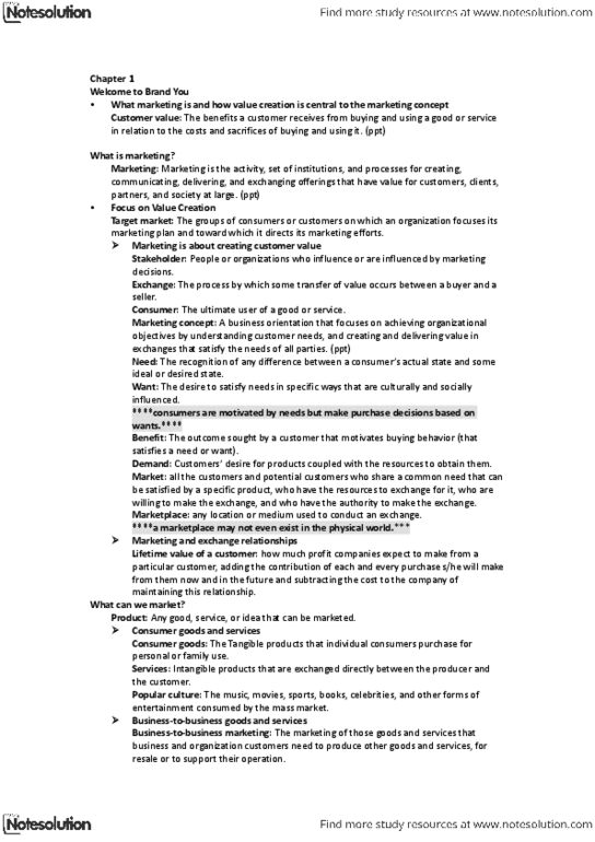 BUS 343 Chapter Notes - Chapter 1: Market Segmentation, Customer Relationship Management, Target Market thumbnail